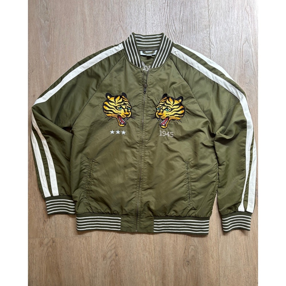 Ouigi Theodore Sun + Stone Satin Japanese Style Tiger Bomber Jacket Green Mens L